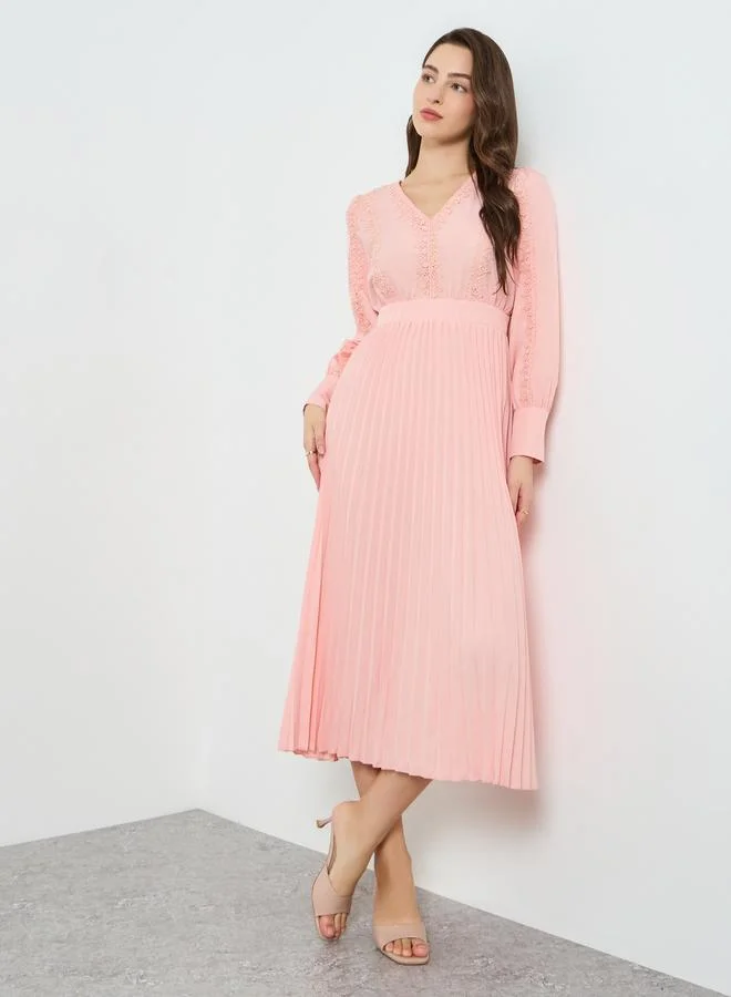 Take Two  Women Lace Insert Pleated Midi Dress for Women | Best Price UAE